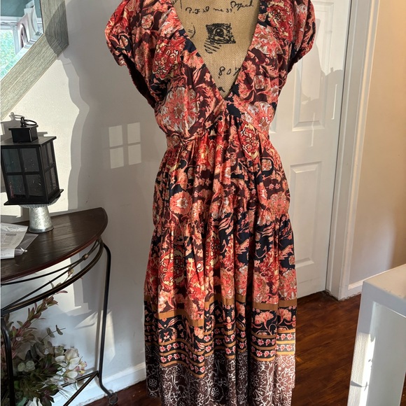 Anthropologie Floral Boho Midi Dress Size 10 NWT Brown Red‎ Tier Msrp 170 - Picture 3 of 11